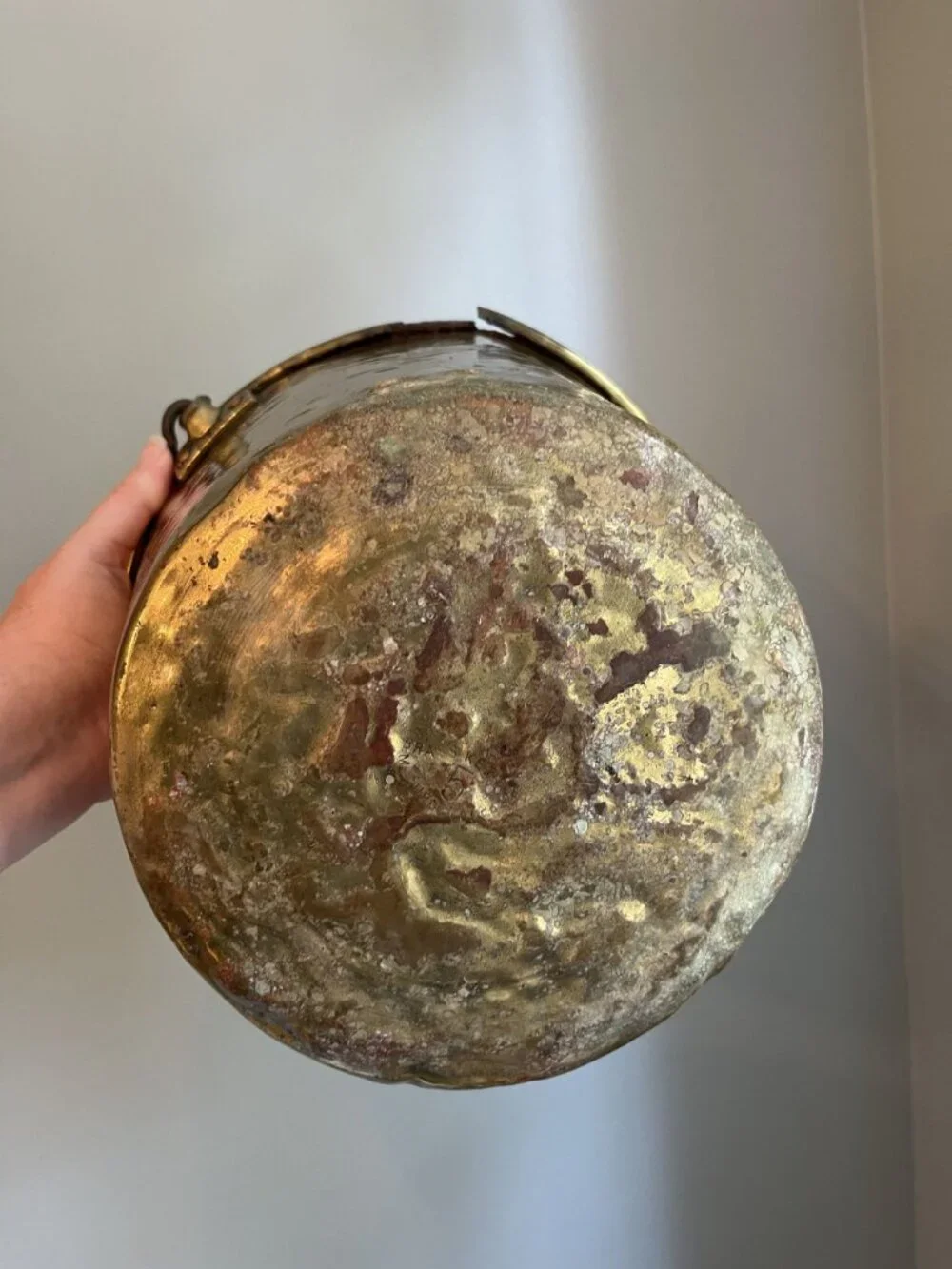 Antique Hammered Brass Bucket With Iron Handle Floral Interior Accent